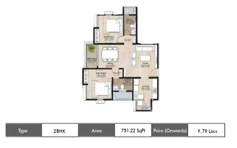 Mahindra Lakewoods 2 BHK floor plan, 751 sq ft carpet area